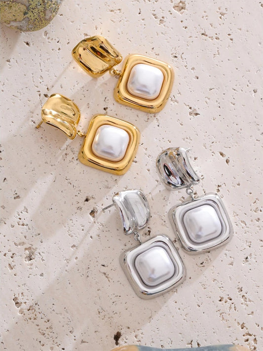 Imitation pearls square minimalist drop earrings - product image