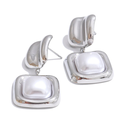 Imitation pearls square minimalist drop earrings - product image