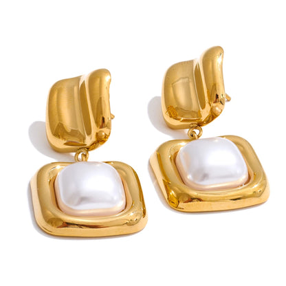 Imitation pearls square minimalist drop earrings - product image