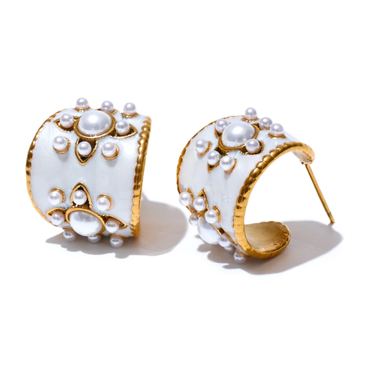 Imitation pearls white enamel flower hoop earrings - product image