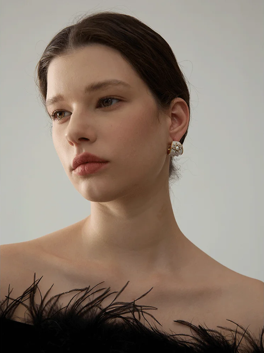 Imitation pearls white enamel flower hoop earrings - product image