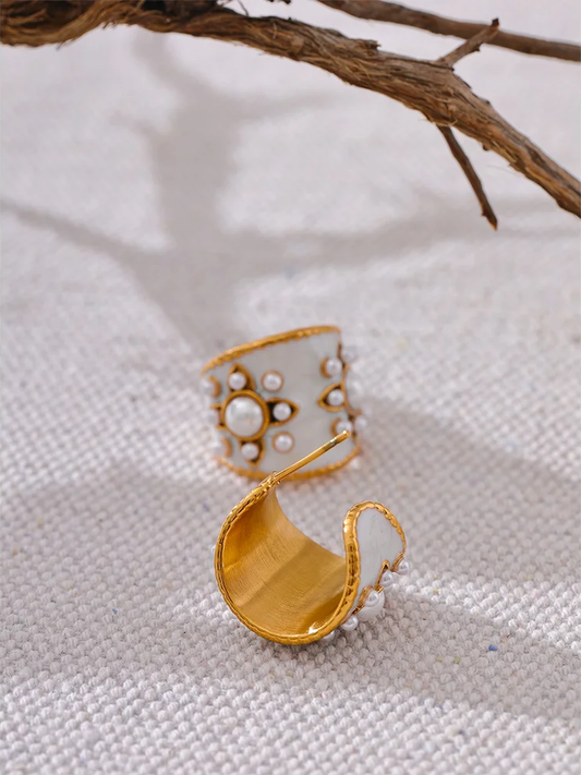 Imitation pearls white enamel flower hoop earrings - product image