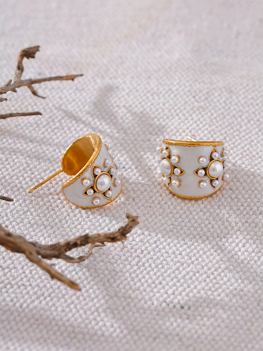 Imitation pearls white enamel flower hoop earrings - product image