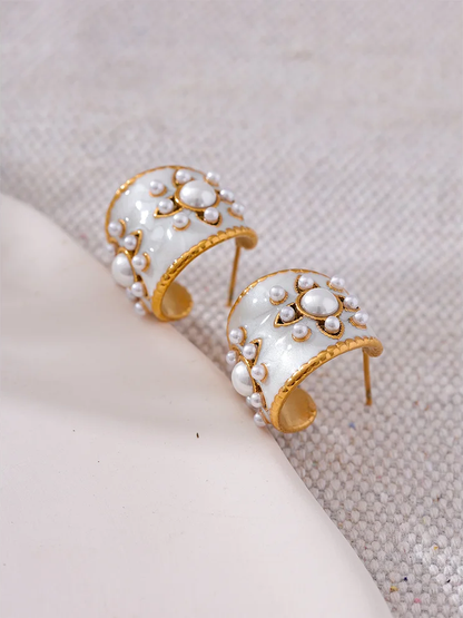 Imitation pearls white enamel flower hoop earrings - product image