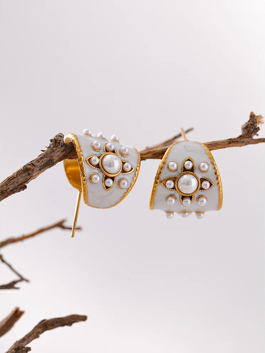 Imitation pearls white enamel flower hoop earrings - product image