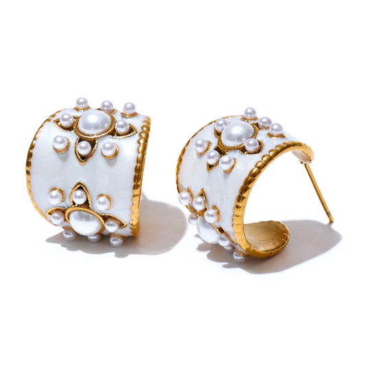 Imitation pearls white enamel flower hoop earrings - product image