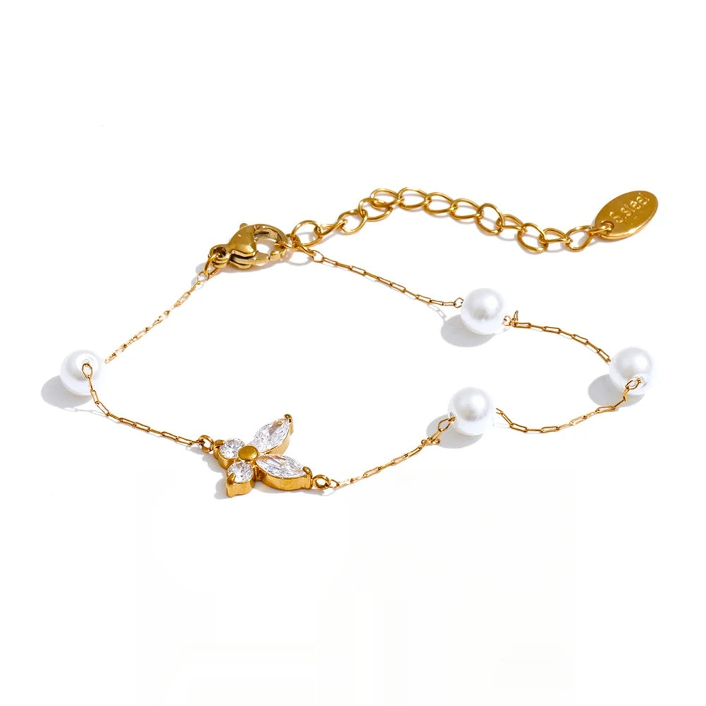 Imitation pearls zircon butterfly chain bracelet - product image