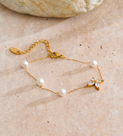 Imitation pearls zircon butterfly chain bracelet - product image