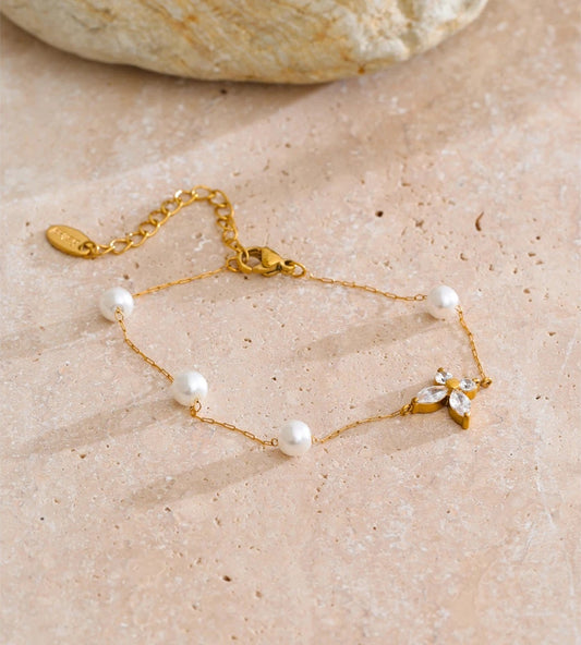 Imitation pearls zircon butterfly chain bracelet - product image