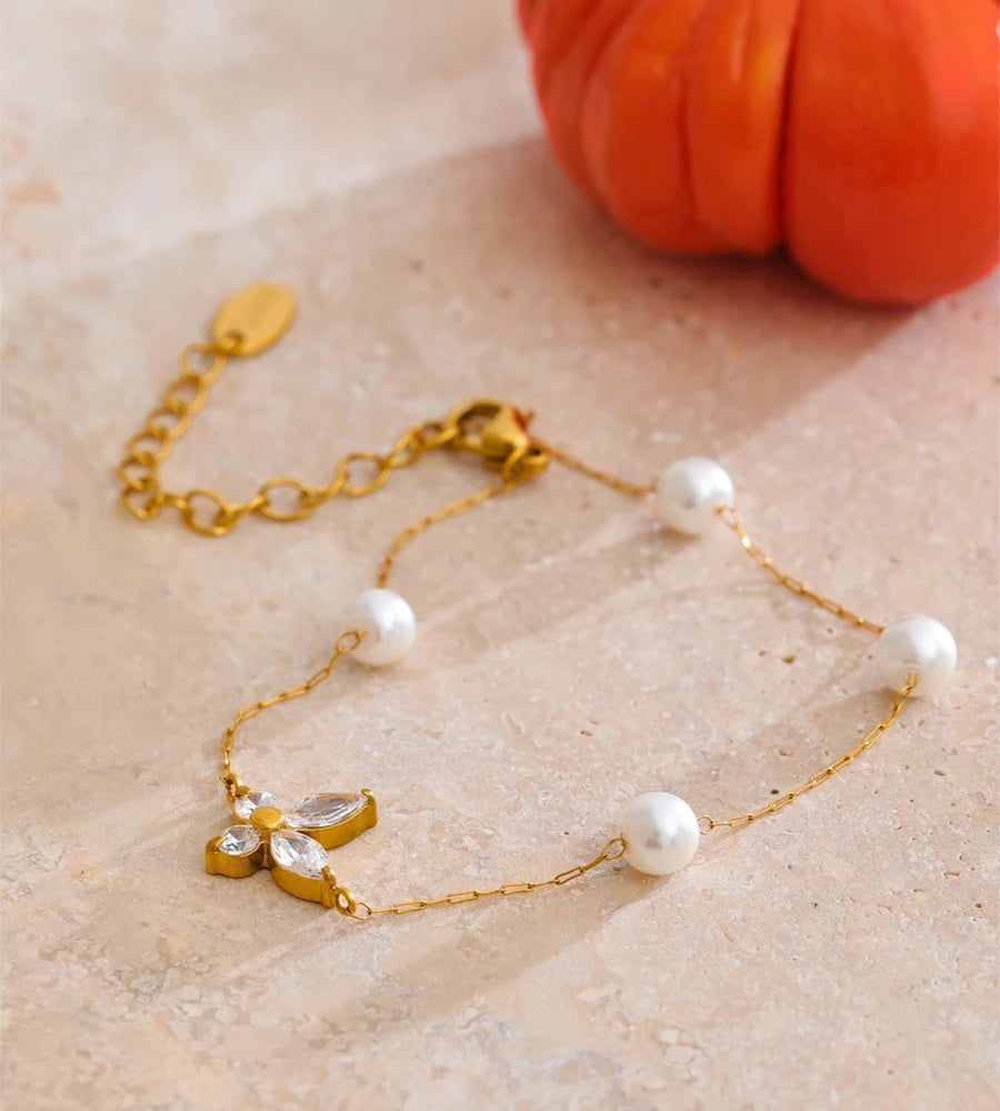 Imitation pearls zircon butterfly chain bracelet - product image