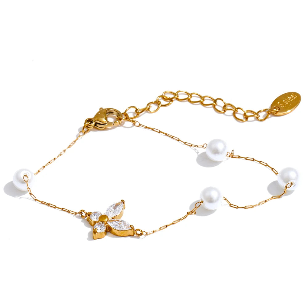 Imitation pearls zircon butterfly chain bracelet - product image