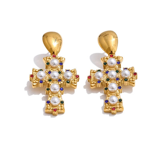 Imitation pearls zirconia cross drop earrings - product image