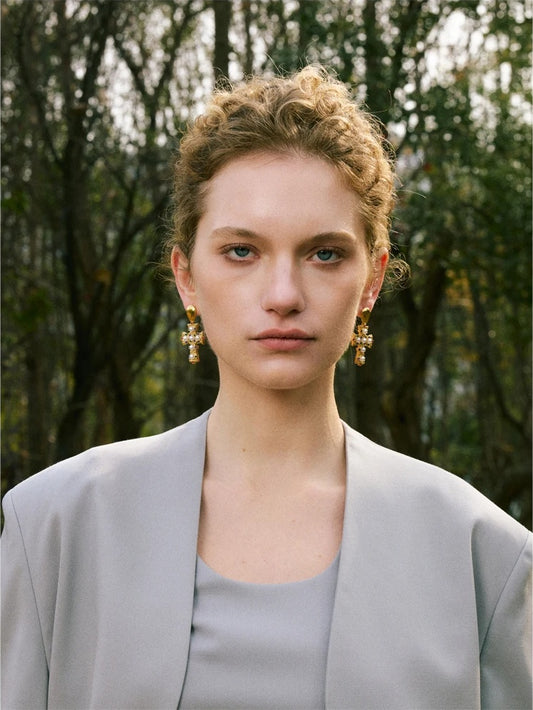 Imitation pearls zirconia cross drop earrings - product image