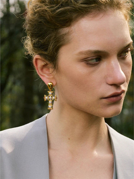 Imitation pearls zirconia cross drop earrings - product image