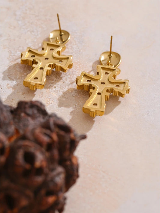 Imitation pearls zirconia cross drop earrings - product image