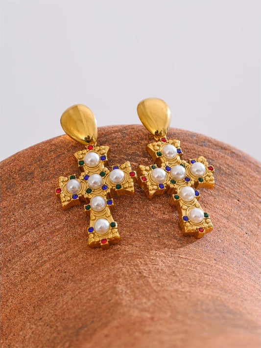 Imitation pearls zirconia cross drop earrings - product image