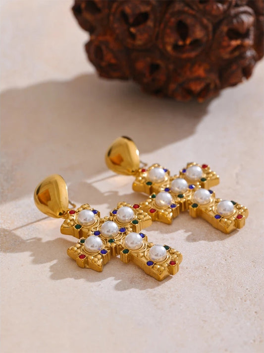 Imitation pearls zirconia cross drop earrings - product image