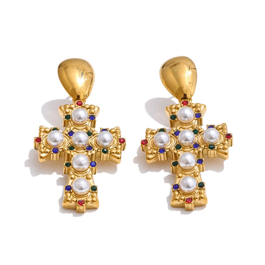Imitation pearls zirconia cross drop earrings - product image
