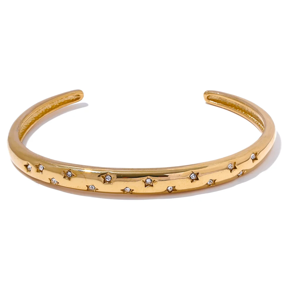 Inlaid cubic zirconia star open cuff gold color bracelet - product image