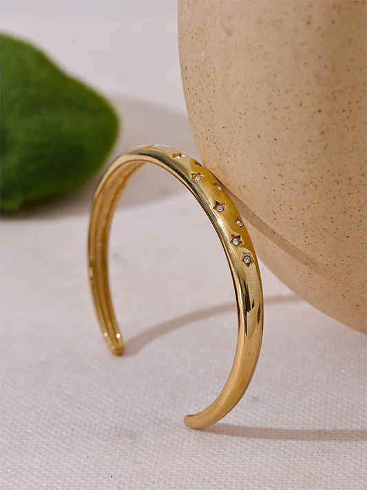 Inlaid cubic zirconia star open cuff gold color bracelet - product image