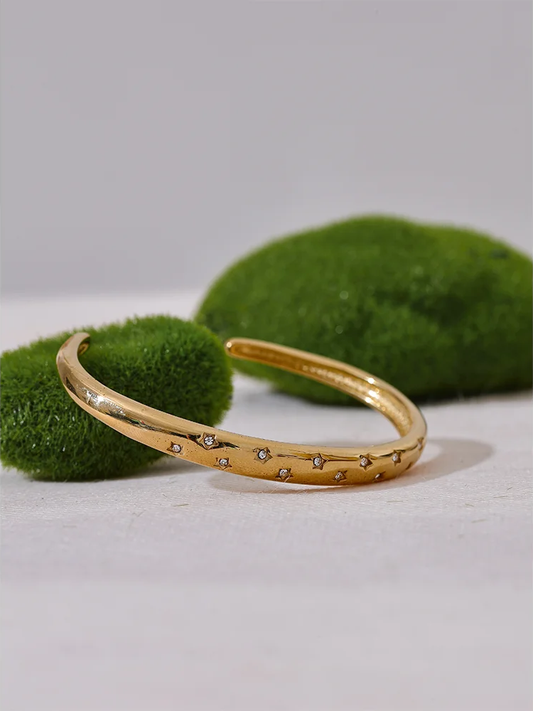 Inlaid cubic zirconia star open cuff gold color bracelet - product image
