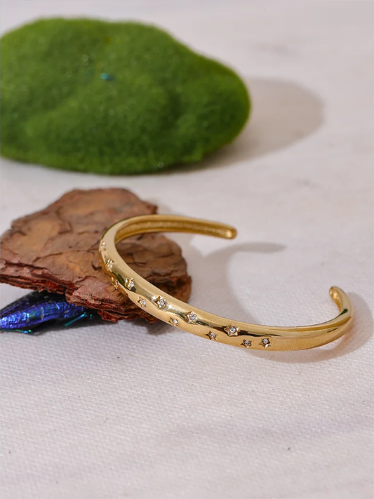 Inlaid cubic zirconia star open cuff gold color bracelet - product image