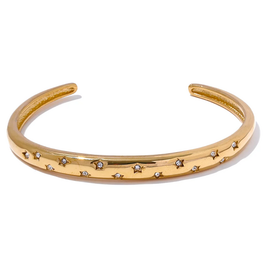 Inlaid cubic zirconia star open cuff gold color bracelet - product image