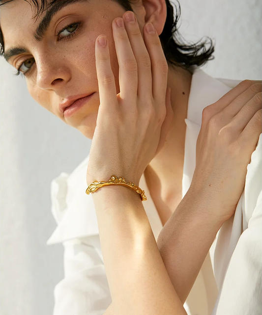 Irregular modern open cuff bracelet bangle gold color - product image