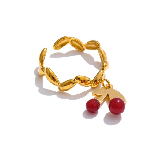 Irregular resin cherry drop adjustable gold color ring - product image