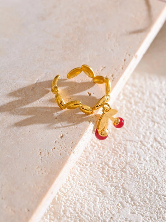 Irregular resin cherry drop adjustable gold color ring - product image