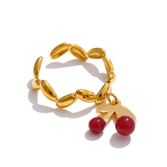 Irregular resin cherry drop adjustable gold color ring - product image