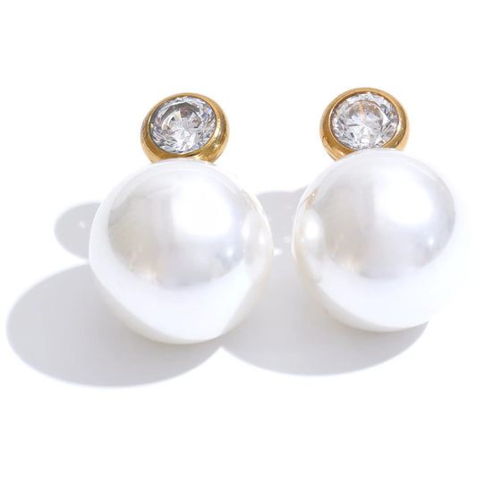 Korean style imitation pearls zircon round stud earrings - product image
