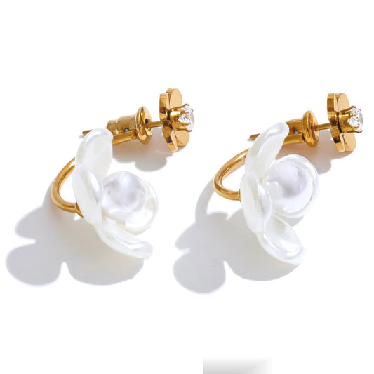 Korean style pearl resin flower zircon earrings - product image