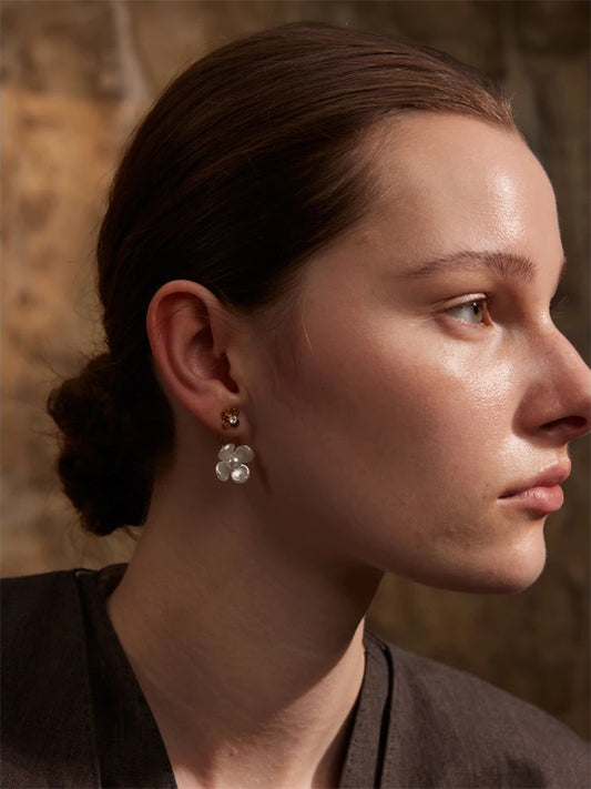 Korean style pearl resin flower zircon earrings - product image