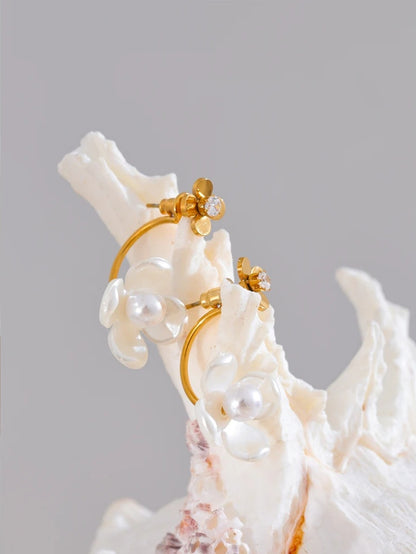 Korean style pearl resin flower zircon earrings - product image