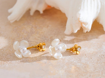 Korean style pearl resin flower zircon earrings - product image