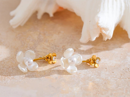 Korean style pearl resin flower zircon earrings - product image