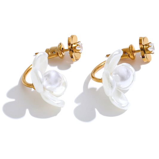 Korean style pearl resin flower zircon earrings - product image
