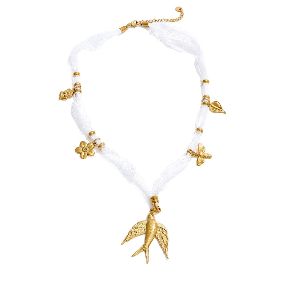 Lace chain floral swallow pendant necklace - product image