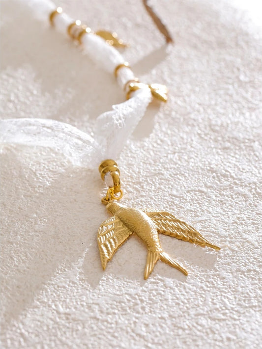Lace chain floral swallow pendant necklace - product image