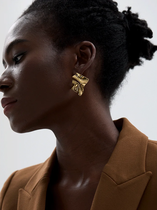 Large abstract metal texture stud earrings - product image