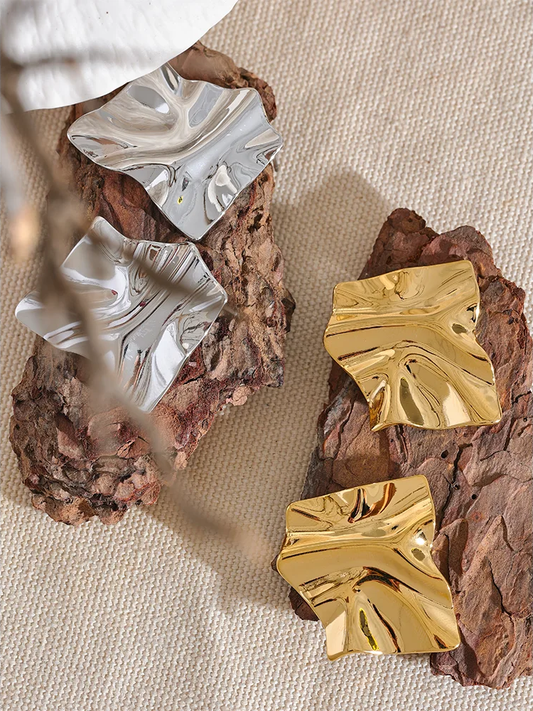 Large abstract metal texture stud earrings - product image