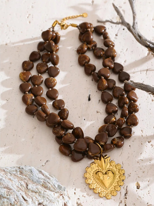 Layered acrylic beads heart pendant necklace - product image