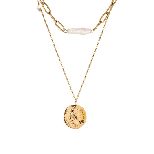 Layered chain coin portrait pearl necklace - product image