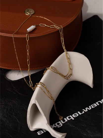 Layered chain coin portrait pearl necklace - product image