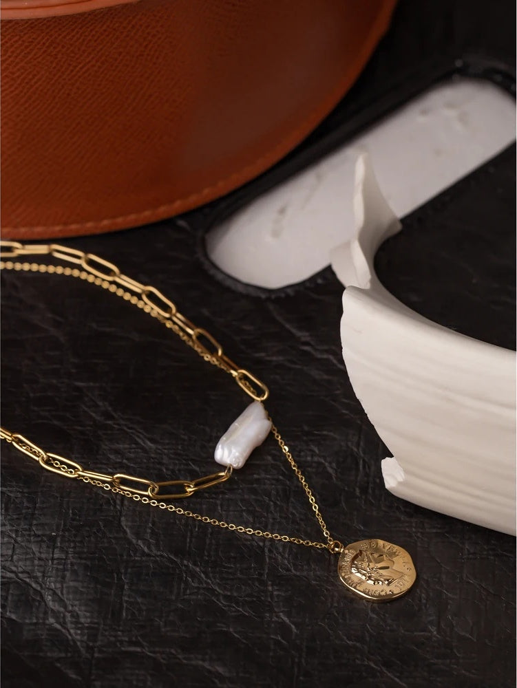 Layered chain coin portrait pearl necklace - product image