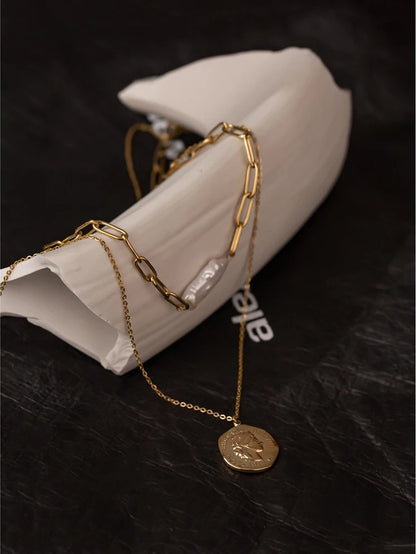 Layered chain coin portrait pearl necklace - product image