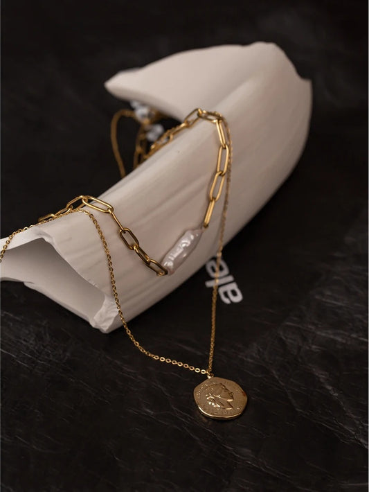 Layered chain coin portrait pearl necklace - product image