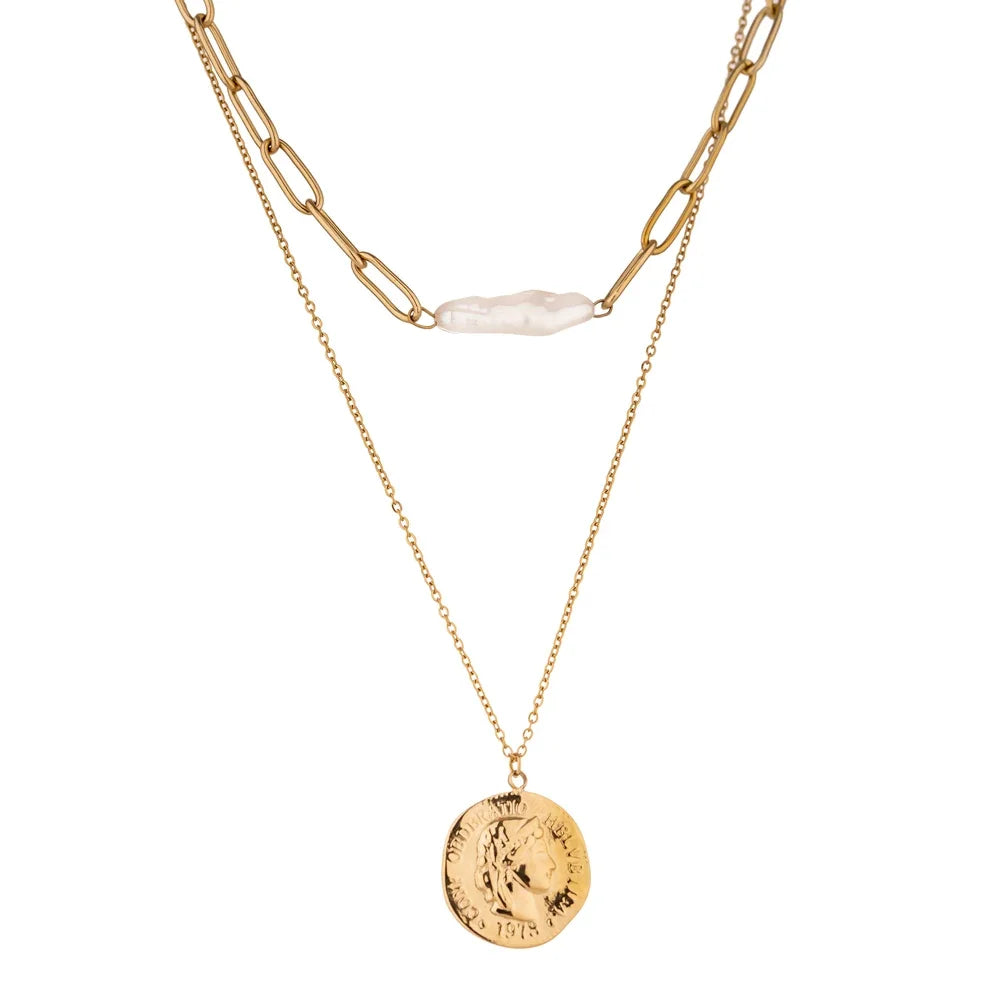Layered chain coin portrait pearl necklace - product image