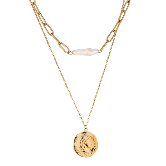 Layered chain coin portrait pearl necklace - product image